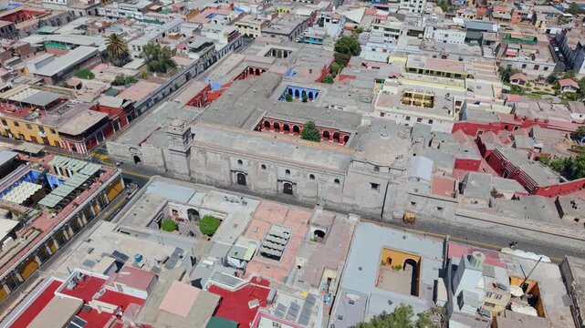 Aerial view of vibrant Santa Catalina Monastery in Arequipa cityscape