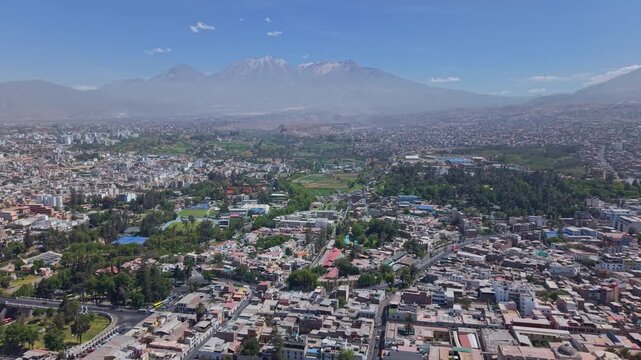 Aerial view of Arequipa city with Chachani, Misti, Pichu Pichu volcanoes