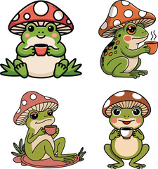 Naklejka premium Cute Frog With Mushroom Hat Drinking Tea