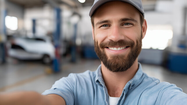 Faceless friendly male auto mechanic in a clean workshop smiling while taking a selfie, car lift and tools visible behind, defocused workshop interior, auto mechanic service ad, qu