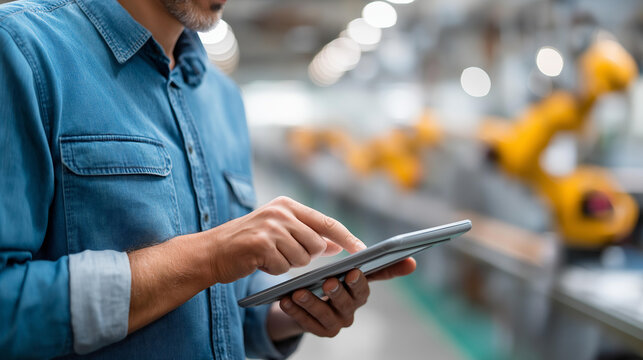 Faceless automation engineer using a tablet to program a robotic arm on a smart factory floor, robotic systems active around, defocused industrial production line behind, smart fac