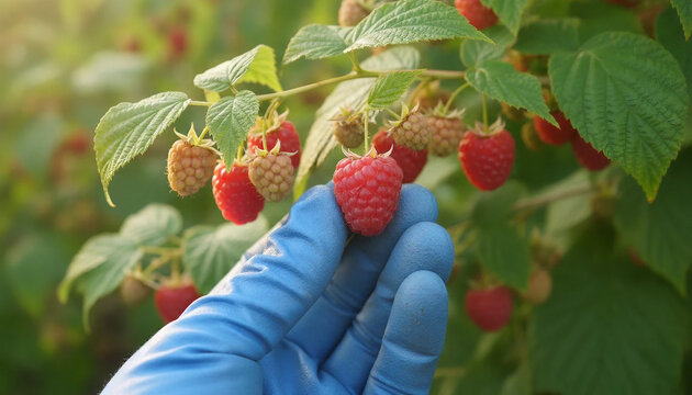 Farmer in blue gloves picking organic red raspberries outdoors