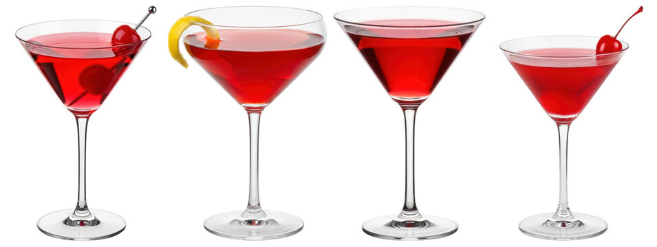 Refreshing red cosmopolitan cocktails photograph, presented in elegant martini glasses on transparent background.
