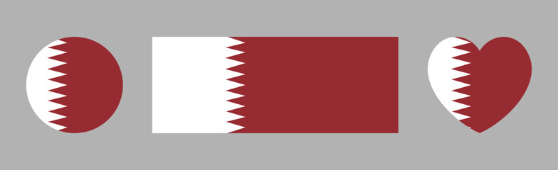 Naklejka premium Flag of Qatar badges. Qatar flag circle, heart shaped, rectangle icon, sticker, background. Set of round, rectangular, heart banner, button Qatar flags.