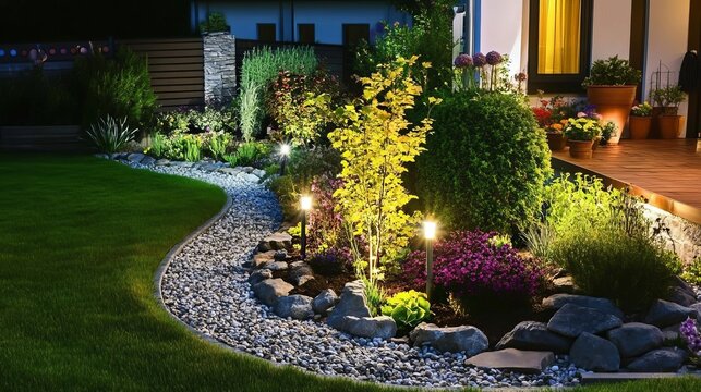 Inviting Residential Garden with Stylish Landscape Lighting at Sundown Showcasing Outdoor Beauty
