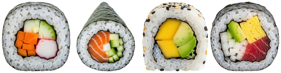Four artfully arranged and colorful temaki and maki sushi rolls, showcasing various fresh Japanese ingredients. © FoodPNG
