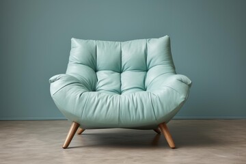 Fototapeta premium Modern light green leather armchair standing in a room with a teal wall and concrete floor