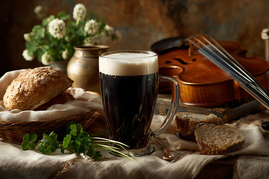 A glass of dark beer with a creamy head sits on a table with bread, a violin, and a vase of flowers.