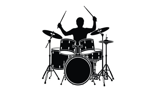 Drummer silhouette playing a drum set with enthusiasm and energy
