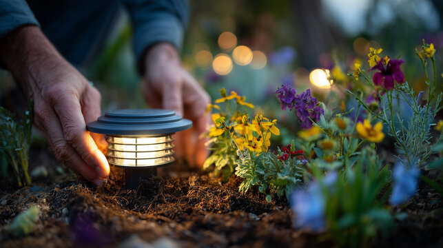 Installing solar garden light in flower bed closeup outdoor landscape lighting landscaping decoration energy saving concept