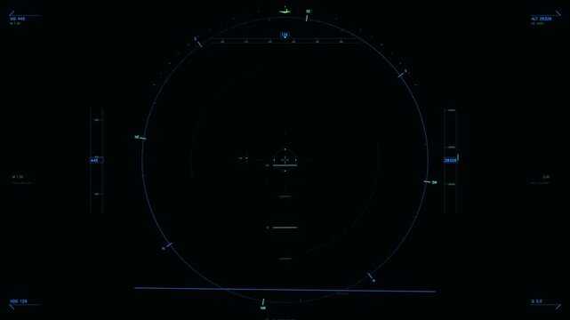 Realistic cockpit HUD animation designed for low visibility instrument approach procedures. Features altitude indicators, ILS glide slope data, airspeed gauges, and navigation waypoints on a dark cock