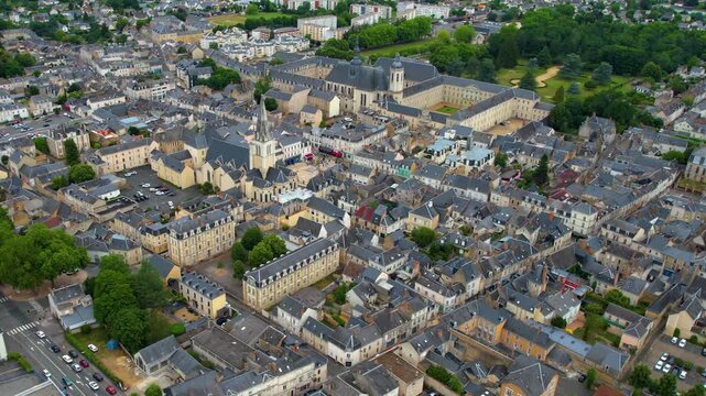 A panorama aerial view of the City La Fleche in France. On a sunny noon in summer beside the old town.