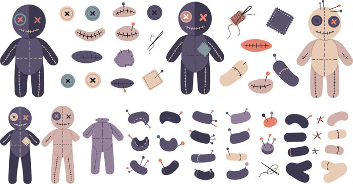 Voodoo doll sewing kit set with stitched rag toys, patches, needles and parts, spooky handmade craft vector illustration collection