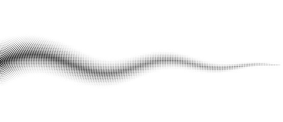 Abstract monochrome halftone dot wave on white. Modern vector illustration of flowing dotted trail for digital data, technology signals, sound waves or panoramic web banner headers. © Mykola Mazuryk