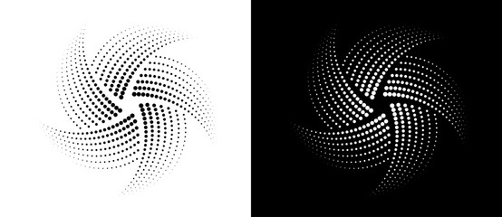 Abstract monochrome halftone dotted spiral vortex with five curved arms. Modern vector radial design on white and black backgrounds for logo, loading icon, tech branding or optical art.