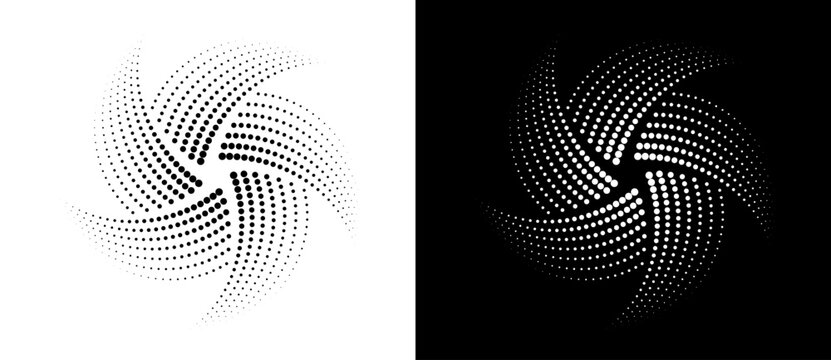 Abstract monochrome halftone dotted spiral vortex with five curved arms. Modern vector radial design on white and black backgrounds for logo, loading icon, tech branding or optical art.