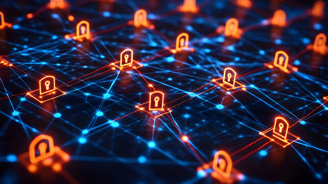 Biometric Fintech Security Network of glowing security locks interconnected by vibrant lines, symbolizing cybersecurity in a digital landscape