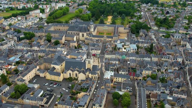 A panorama aerial view of the City La Fleche in France. On a sunny noon in summer beside the old town.