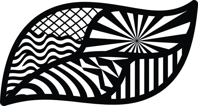 Stylized monochrome leaf with diverse abstract patterns: dynamic waves, bold stripes, intricate grid, and radial sunburst design, a graphic resource.
