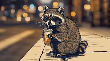  illustration of a raccoon wearing stylish sunglasses, casually sipping iced coffee from a clear plastic cup with a straw perched on a city curb at night © Pemuda