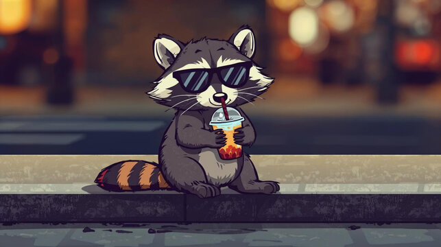  illustration of a raccoon wearing stylish sunglasses, casually sipping iced coffee from a clear plastic cup with a straw perched on a city curb at night