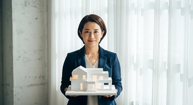 Professional architect presenting a miniature building model with a focused expression.
