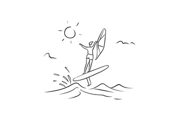 Joyful Woman Performing a High Jump on a Wingfoil Board © Edik