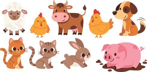 Fototapeta premium Set of Cute Cartoon Farm Animals Including Sheep, Cow, Chicken, Dog, Cat, Rabbit, and Pig in Playful Style