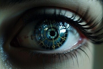 Fototapeta premium Human eye transforming into a bionic cybernetic device representing advanced technology