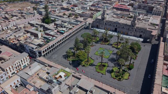Aerial view of Arequipa's stunning Plaza de Armas with sillar buildings