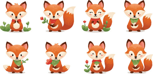 Fototapeta premium Eight cartoon foxes wearing green scarves play with flowers.