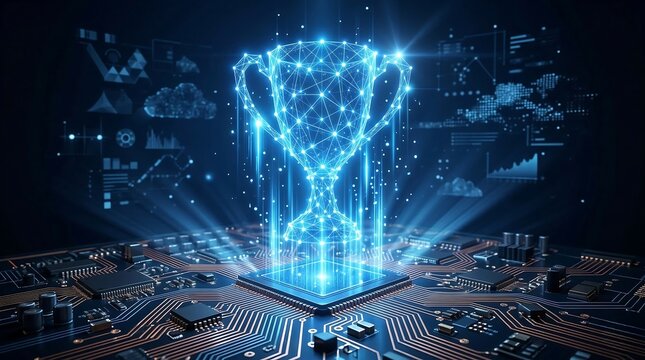 Digital achievement concept with glowing trophy cup and circuit board in low poly style on dark blue ai