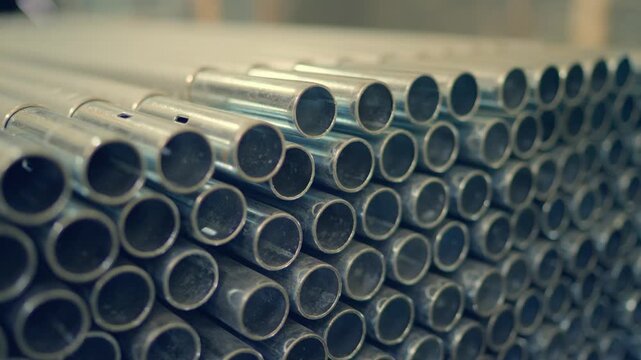 Aluminum tent pole rods stacked at tent factory in Sialkot, Pakistan. Receding camera moving with light shining over the metal pile with shallow depth of field. Slow motion extreme closeup.