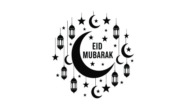 Eid mubarak celebration silhouette with crescent moon lanterns and stars