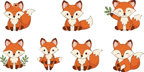 Obraz premium A group of cute cartoon foxes play with leaves in forest scene