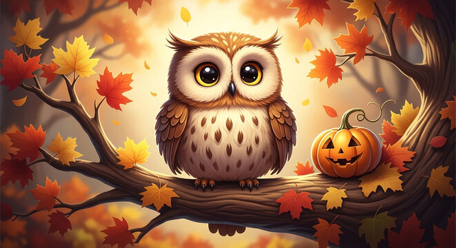 A cartoon owl sitting on a tree branch with a jack-o-lantern on Halloween
