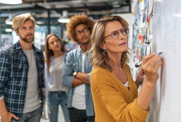 Jóvenes adultos colaborando y escribiendo en una pared llena de notas. Cuatro jóvenes se encuentran frente a una pared cubierta de papeles, notas e imágenes. Uno escribe o dibuja con un rotulador