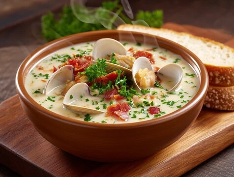 Creamy clam chowder with bacon and parsley bread