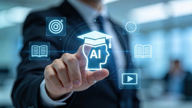 Business professional touching AI education interface with graduation cap icon,artificial intelligence learning and digital training technology concept