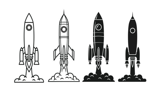 Four rocket silhouettes blasting off into space with flames and smoke silhouette