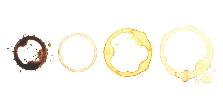 Set of realistic coffee cup stain rings drops and watercolor liquid splashes isolated vector illustration