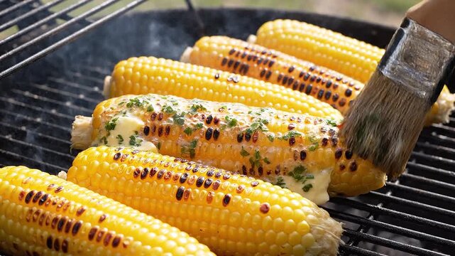 Grilled corn on the cob being brushed with butter and herbs on a barbecue grill.