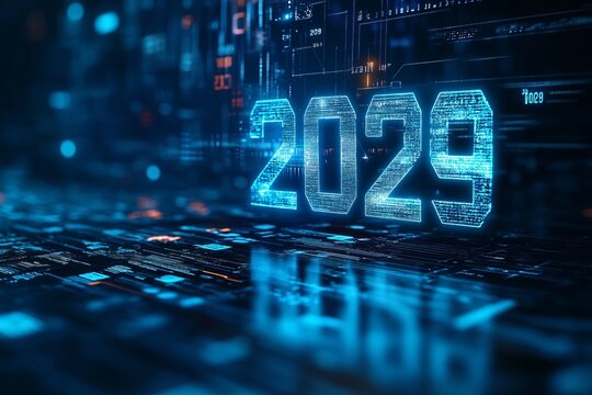 Futuristic Technology Landscape with Glowing Data Streams and Cyberpunk Aesthetics in 2029 Vision