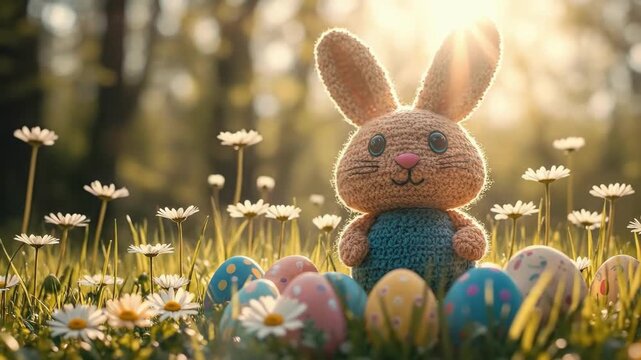 Crocheted bunny amongst decorated easter eggs in springtime meadow. Easter, Pascha, Paskha, Ostern, Pascua, Paques - Orthodox and Catholic Holiday celebration