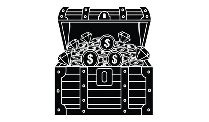 Silhouette of an open treasure chest filled with coins and dollar signs © Thysl2000