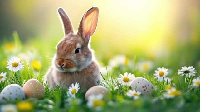 Cute bunny surrounded by easter eggs and spring flowers in sunny meadow. Easter, Pascha, Paskha, Ostern, Pascua, Paques - Orthodox and Catholic Holiday celebration