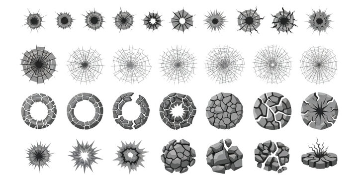 Set of cracked earth bullet holes in glass and shattered concrete stone destruction elements vector illustration