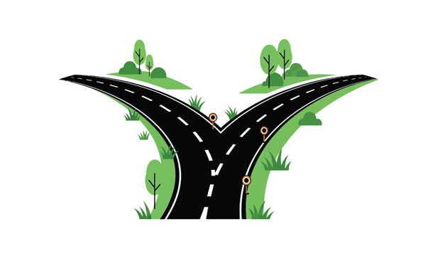 A fork in the road with a silhouette of trees on a white background