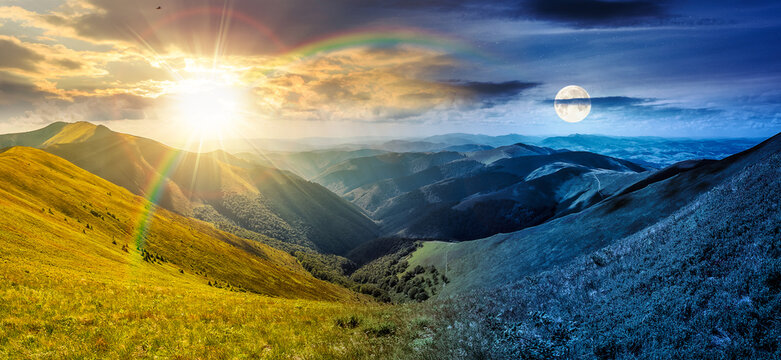 panoramic image of rolling alpine mountain ridge. day meet night. sun and moon over gorgeous summer landscape with hillside meadow under cloudy sky. remote vista with distant valley and forested slope