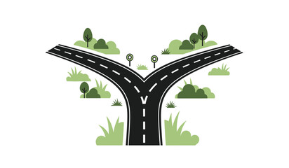 A fork in the road with a silhouette of trees and grass on a white background illustration © Thysl2000